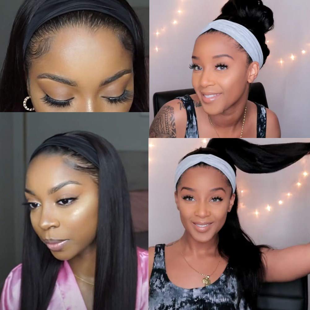 Straight Hair Headband Wig Human Hair Wigs For Women Full Machine Made Wig With Headband Scarf