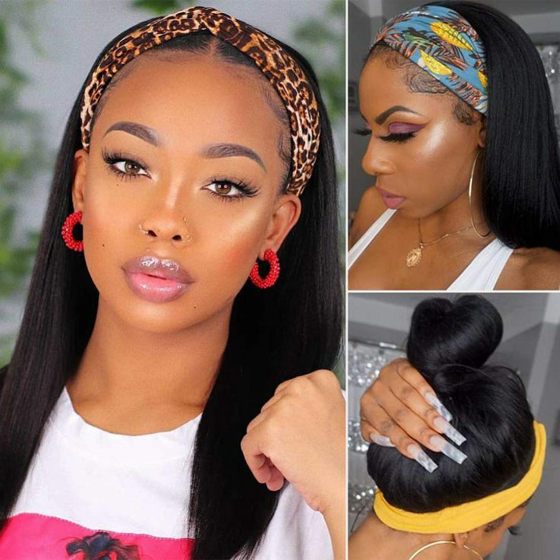Straight Hair Headband Wig Human Hair Wigs For Women Full Machine Made Wig With Headband Scarf