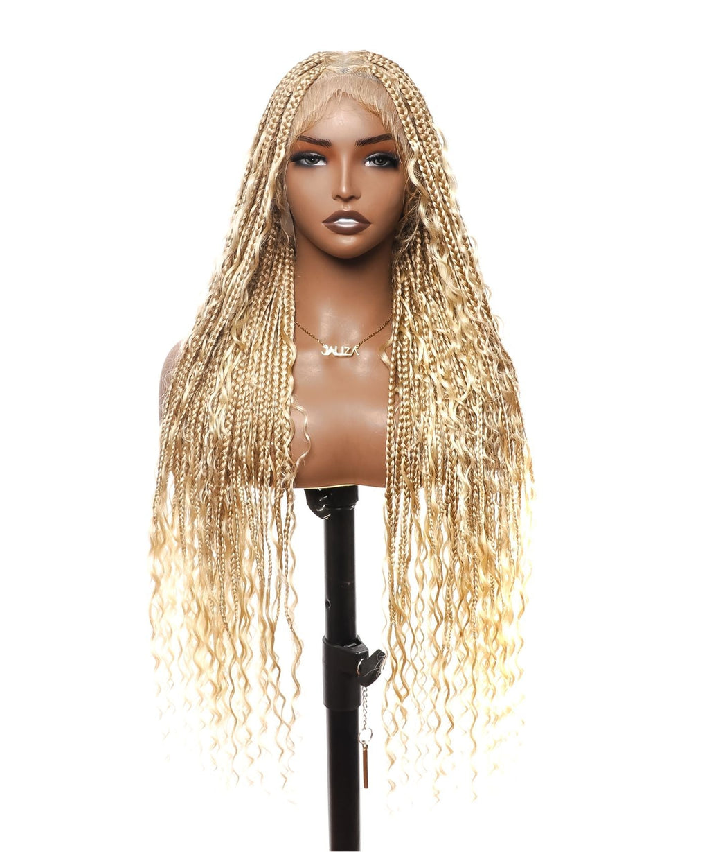 Small & Large Head Size Exclusive - Triangle Base HD Full Lace Human Hair Boho Curls Knotless Boho Box Braided Wig 36"