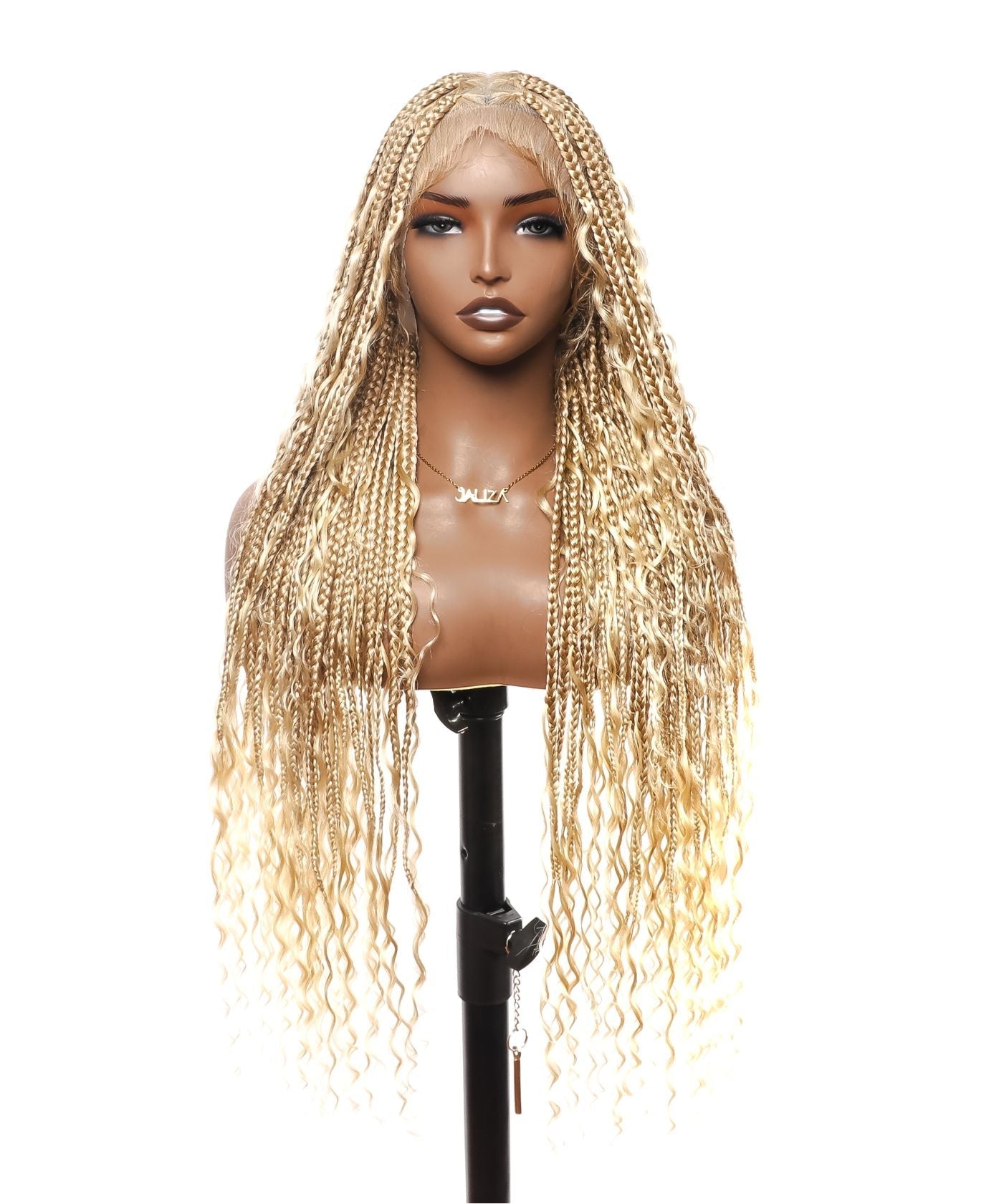 Small & Large Head Size Exclusive - Triangle Base HD Full Lace Human Hair Boho Curls Knotless Boho Box Braided Wig 36"