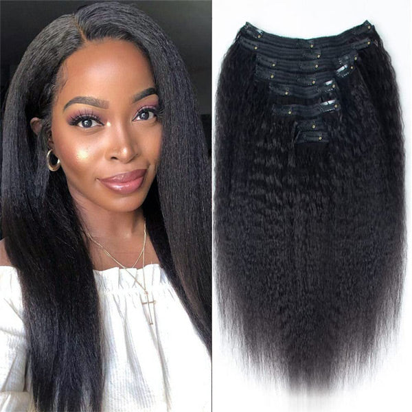 Kinky Straight Clip In Extension Human Hair Natural Black Color