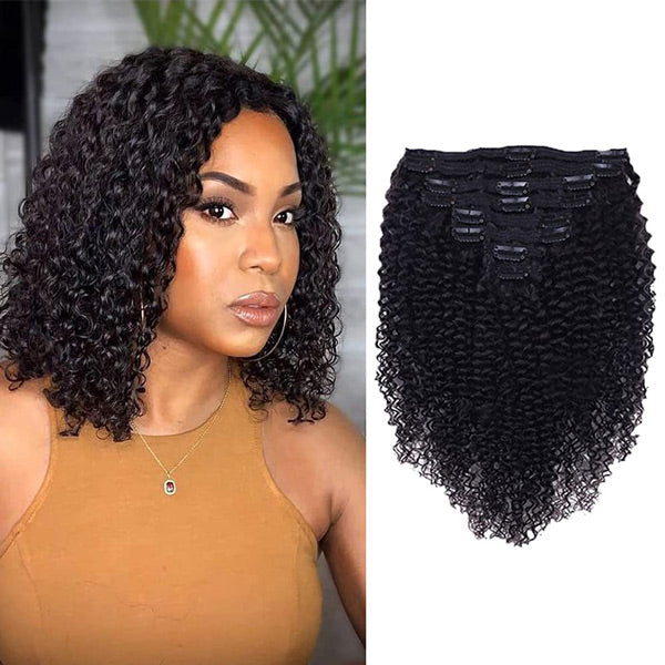 Kinky Curly Clip In Extension Human Hair Natural Black Color