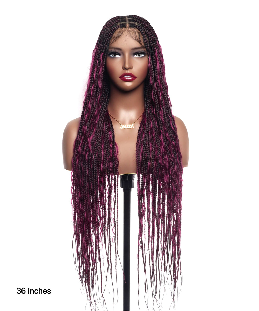 Human Hair Boho Box HD Lace Braided Wig 36 Inches 88 Strands - Light Burgundy