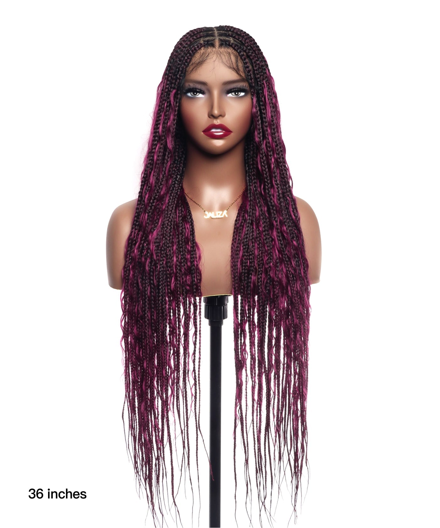 Human Hair Boho Box HD Lace Braided Wig 36 Inches 88 Strands - Light Burgundy