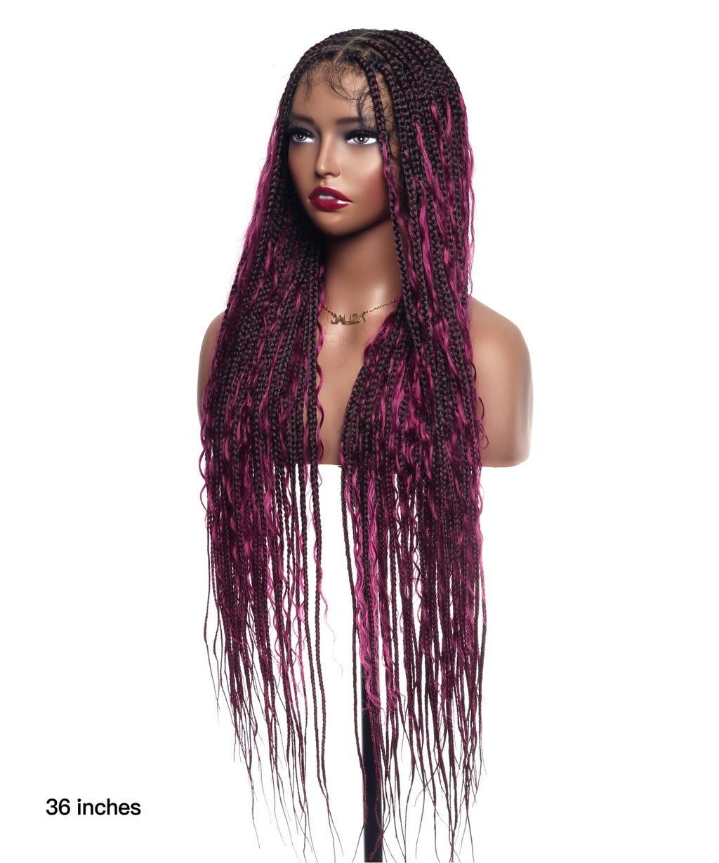 Human Hair Boho Box HD Lace Braided Wig 36 Inches 88 Strands - Light Burgundy