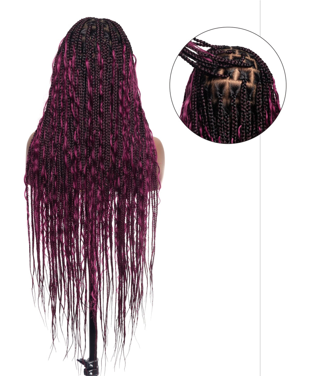 Human Hair Boho Box HD Lace Braided Wig 36 Inches 88 Strands - Light Burgundy