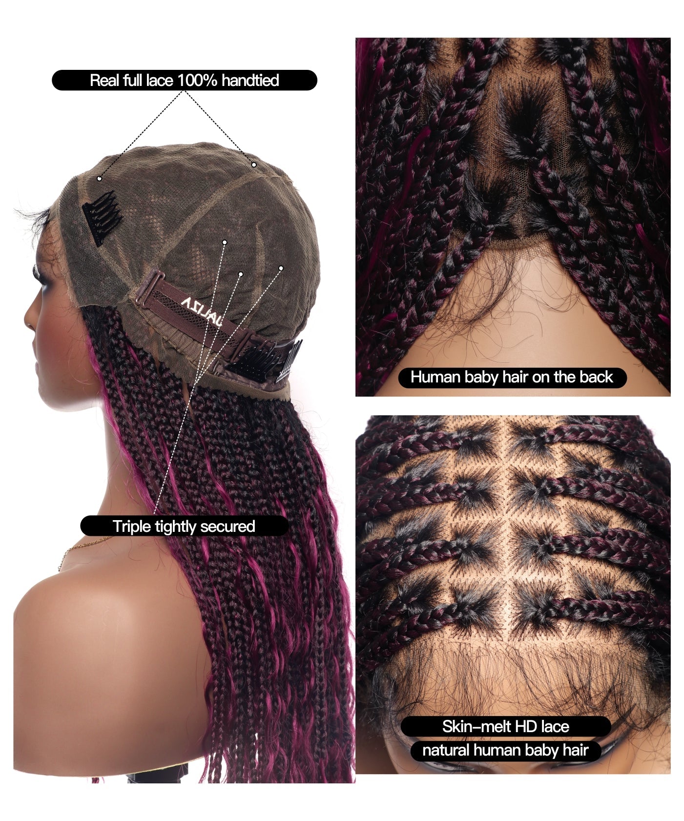 Human Hair Boho Box HD Lace Braided Wig 36 Inches 88 Strands - Light Burgundy