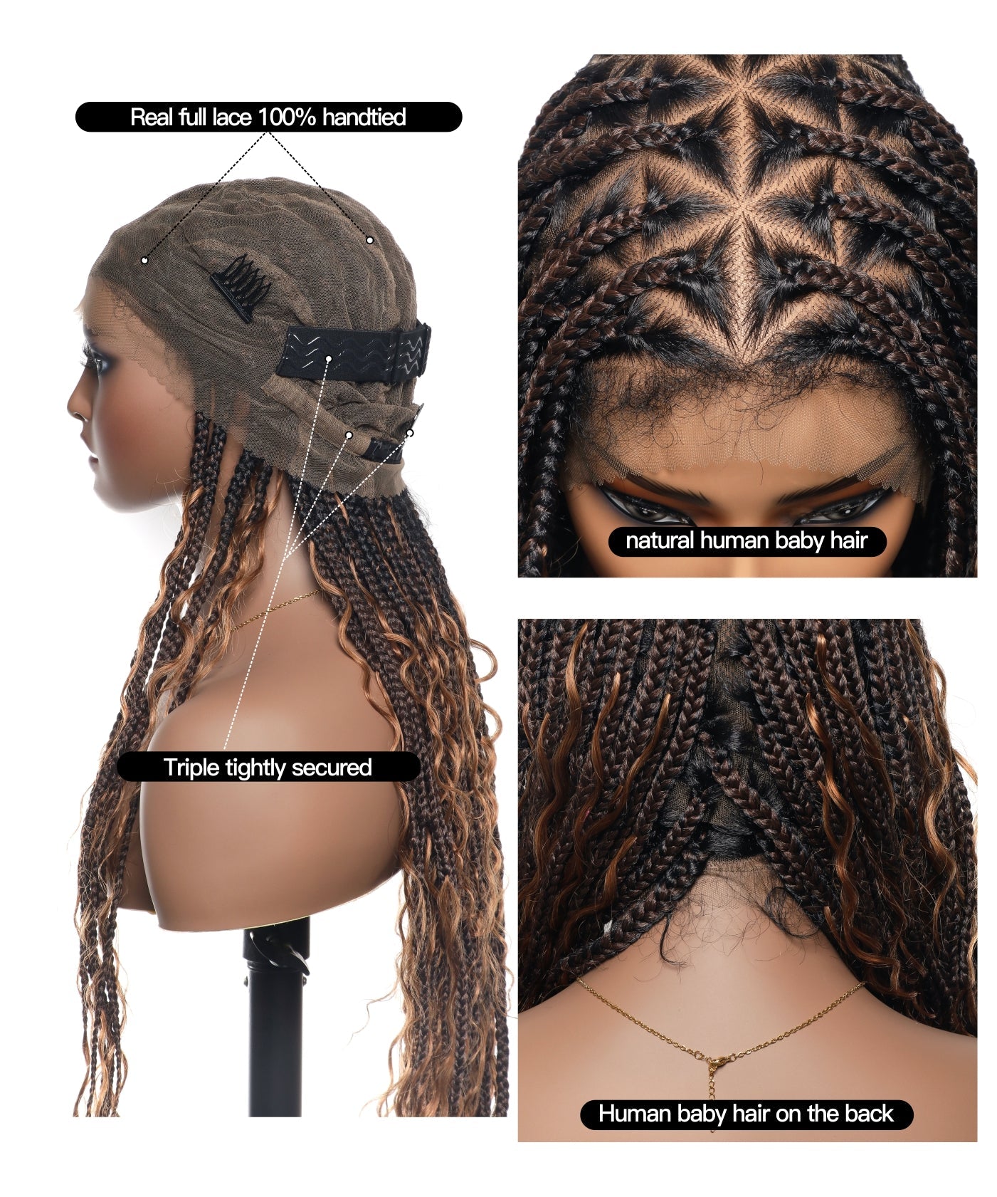 Small & Large Head Size Exclusive - Triangle Base HD Full Lace Human Hair Boho Curls Knotless Boho Box Braided Wig 36"