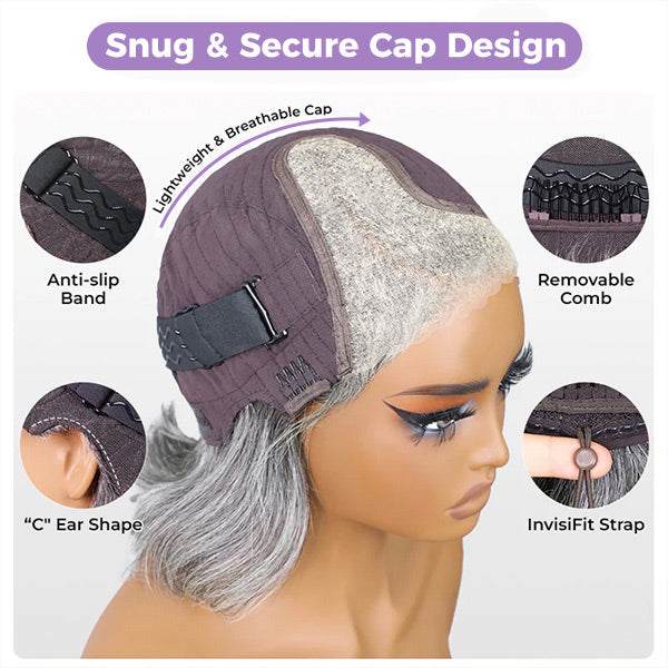 Salt And Pepper Layered Bob Wear Go Glueless Wig Pre-Cut C-Shaped 7x5 Lace Flexible Fit Drawstring