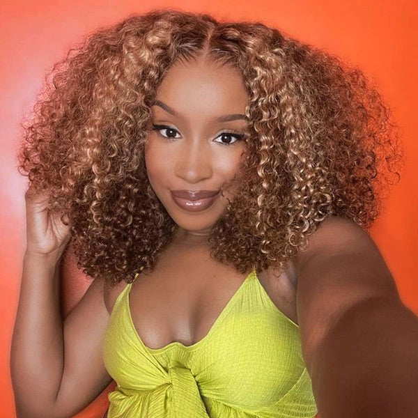 4/27 Highlight Color Wear Go Glueless Wigs Pre Cut 7x5 Lace Kinky Curly Hair Short Bob Wigs