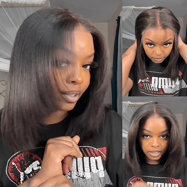 Yaki Straight Layered Cut Wear Go Glueless Wig Pre-Cut 9x6 T Part Lace Bob Wig