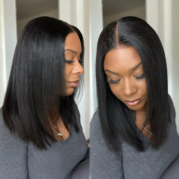 Yaki Straight Layered Cut Wear Go Glueless Wig Pre-Cut 9x6 T Part Lace Bob Wig