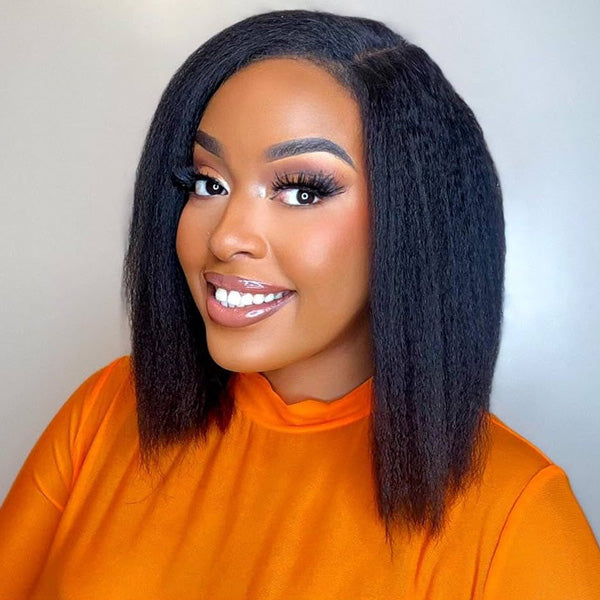 Wear Go Glueless Wigs Kinky Straight Pre Cut 7x5 HD Lace Front Bob Wigs
