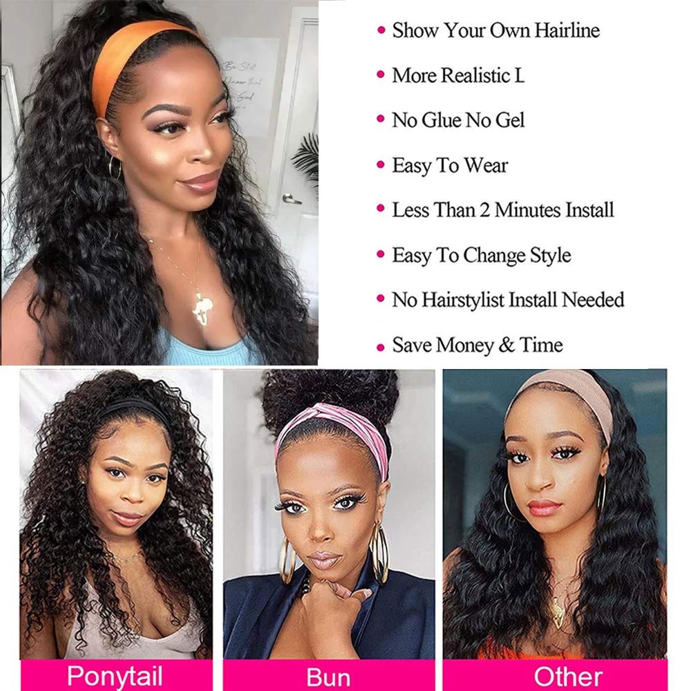 Curly Wave Headband Wig Human Hair Brazilian Deep Wave Machine Made Wigs With Head Band No Glue Scarf Wig