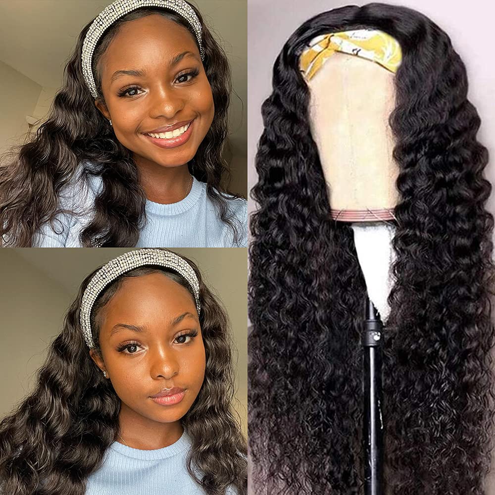 Curly Wave Headband Wig Human Hair Brazilian Deep Wave Machine Made Wigs With Head Band No Glue Scarf Wig
