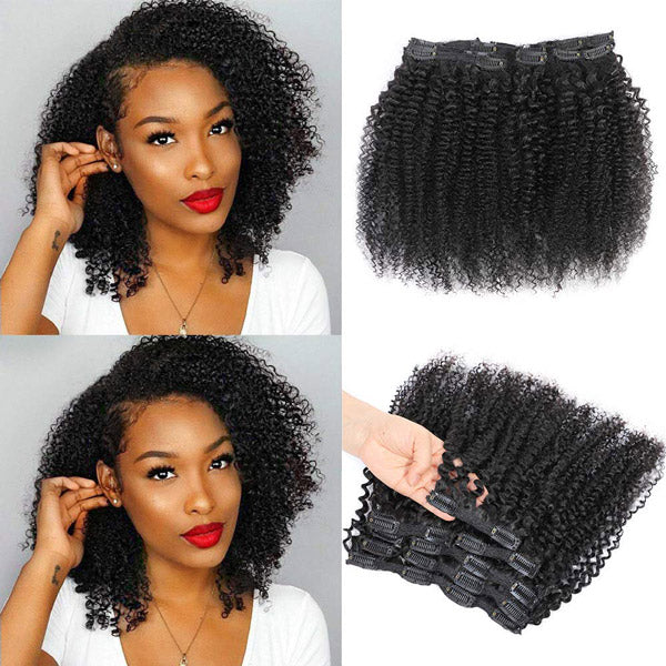Kinky Curly Clip In Extension Human Hair Natural Black Color