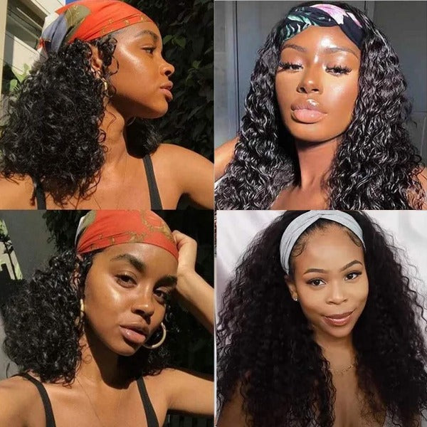 Grip Headband Scarf Wig Water Wave 100% Human Hair Wig Curly No plucking wigs for Women No Glue No Sew In