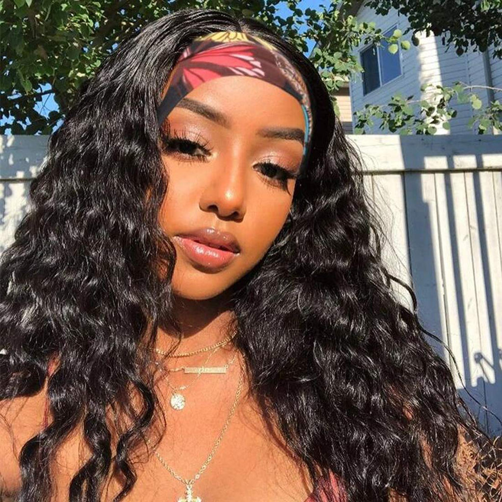 Curly Wave Headband Wig Human Hair Brazilian Deep Wave Machine Made Wigs With Head Band No Glue Scarf Wig