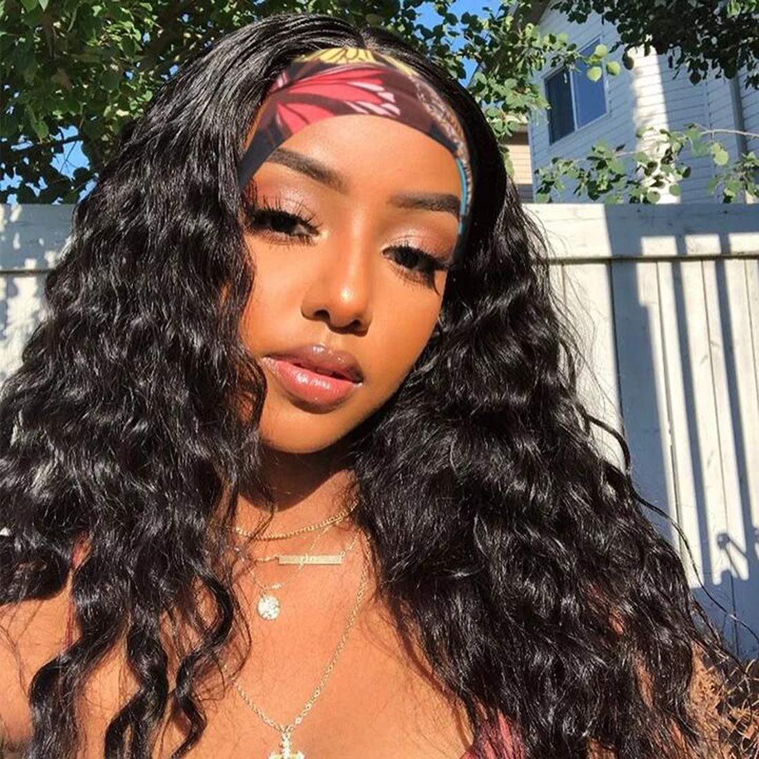 Curly Wave Headband Wig Human Hair Brazilian Deep Wave Machine Made Wigs With Head Band No Glue Scarf Wig