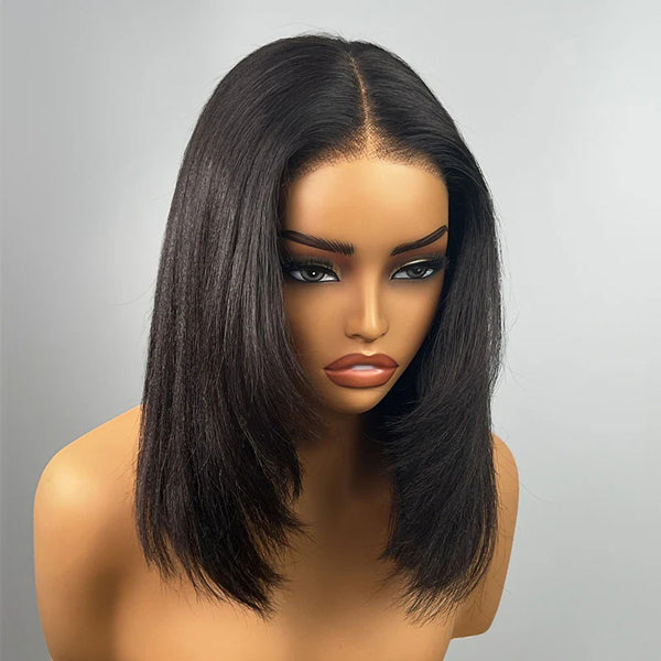 Glueless Layered Cut Yaki Straight Wear Go Wig Pre-Cut 9x6 T Part Lace Bob Wig With Elastic Drawstring