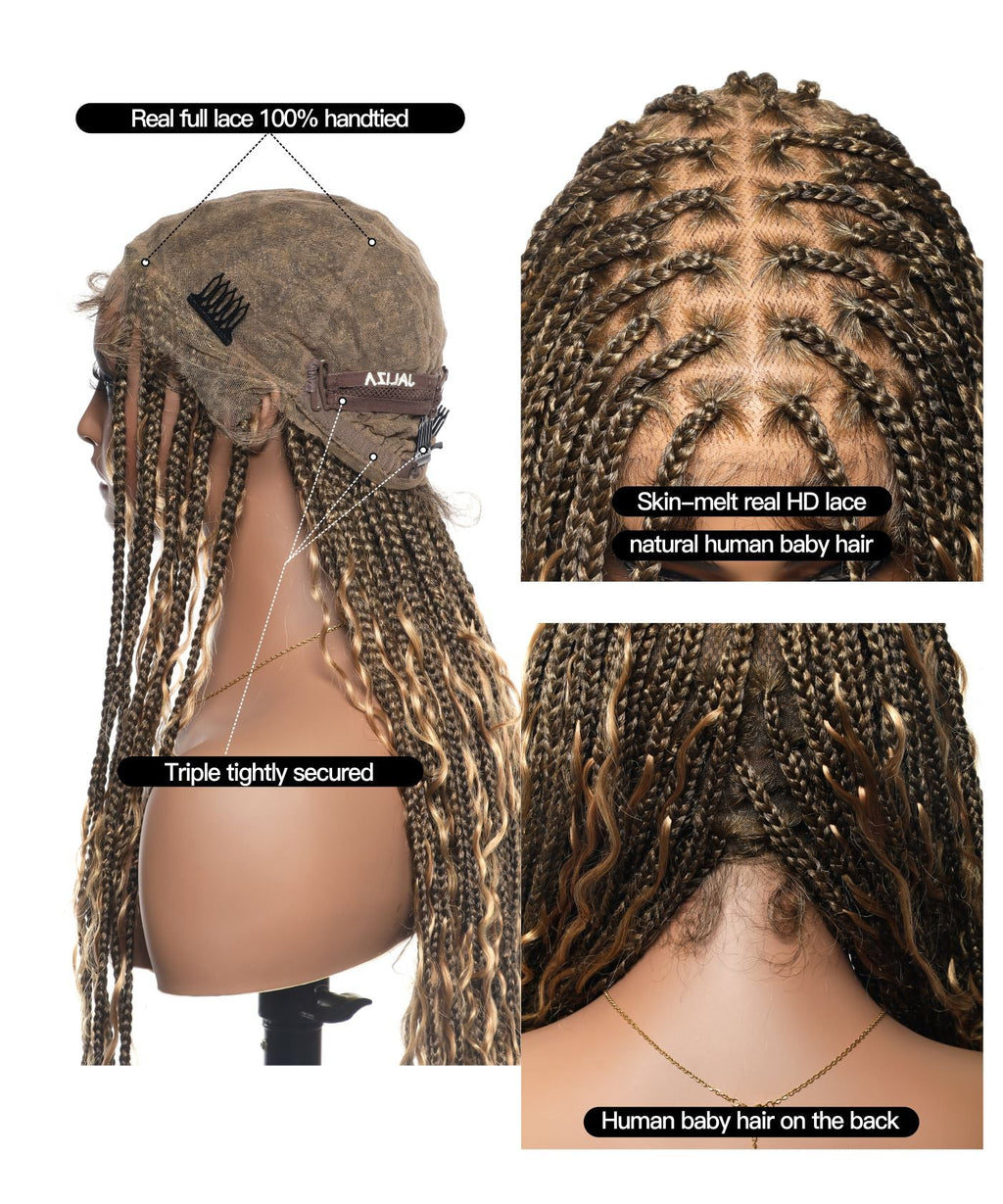 HD Full Lace Human Hair Boho Curls 36" Knotless Boho Box Braided Wig