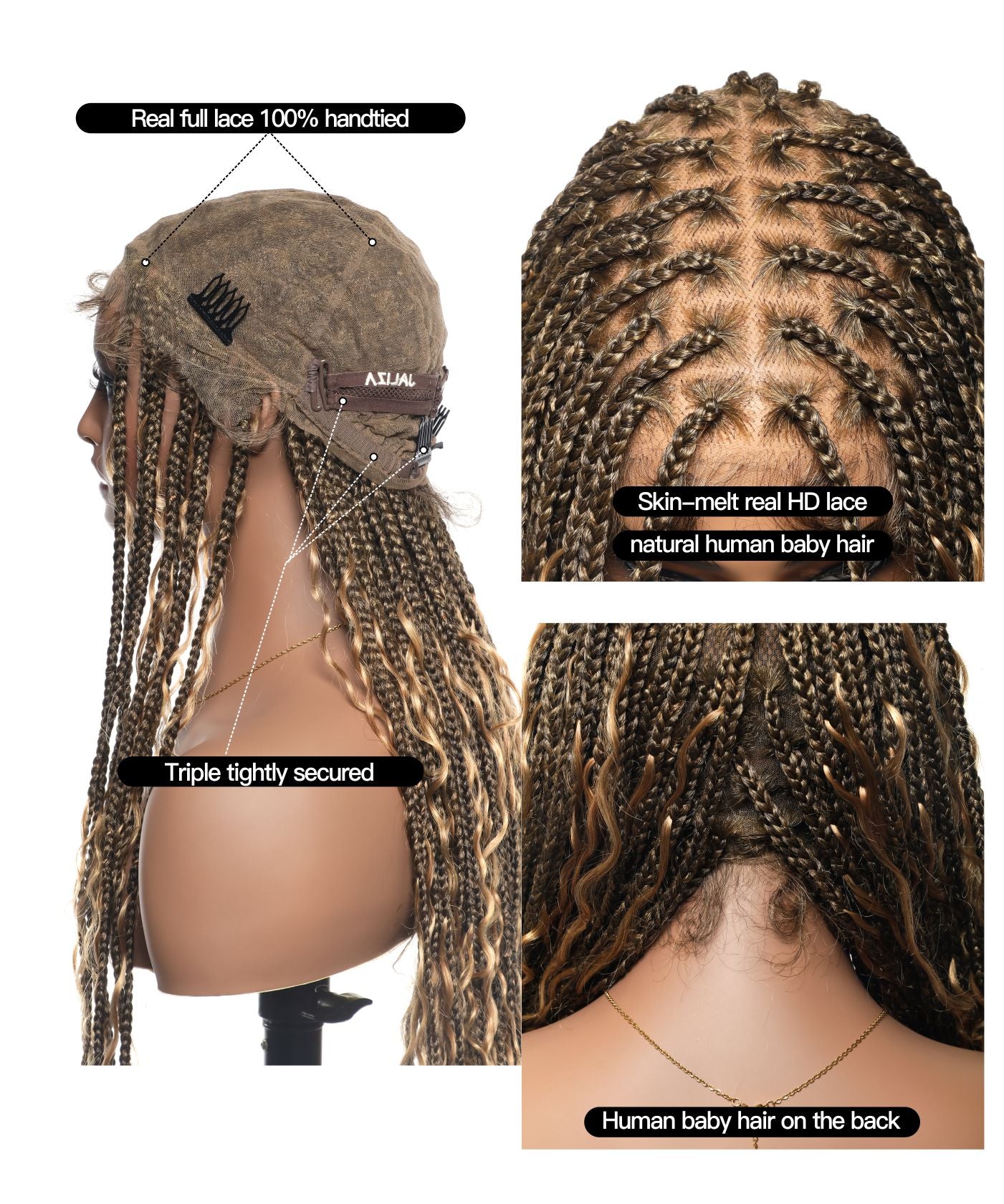 HD Full Lace Human Hair Boho Curls 36" Knotless Boho Box Braided Wig