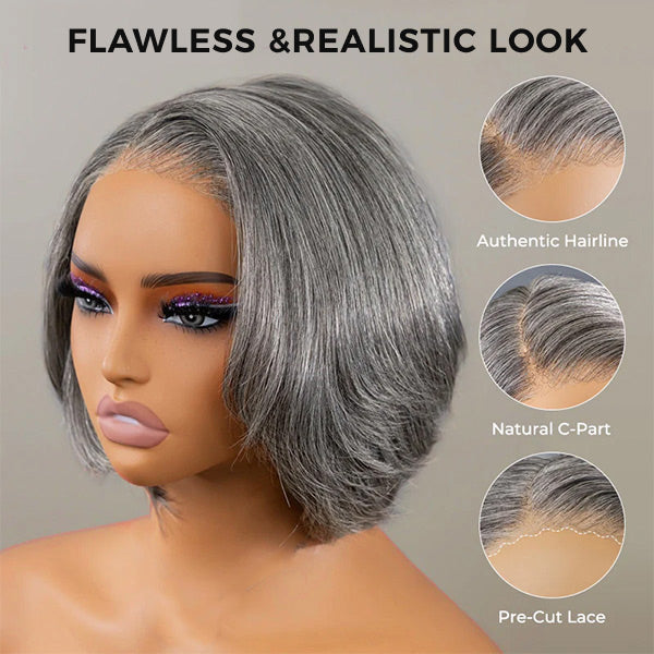 Salt And Pepper Layered Bob Wear Go Glueless Wig Pre-Cut C-Shaped 7x5 Lace Flexible Fit Drawstring