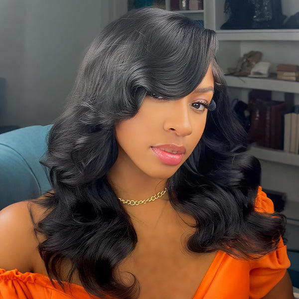 Pre Styled C Part Layered Yaki Body Wave Snug Fit Drawstring Wear Go Glueless Wig Pre-Cut 9x6 Lace Bleached Knots