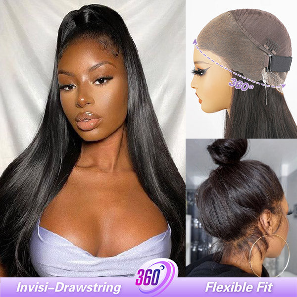 Straight Invisi Drawstring Flexible Fit 360 Glueless Wig Pre-Cut Lace Bleached Knots Wig