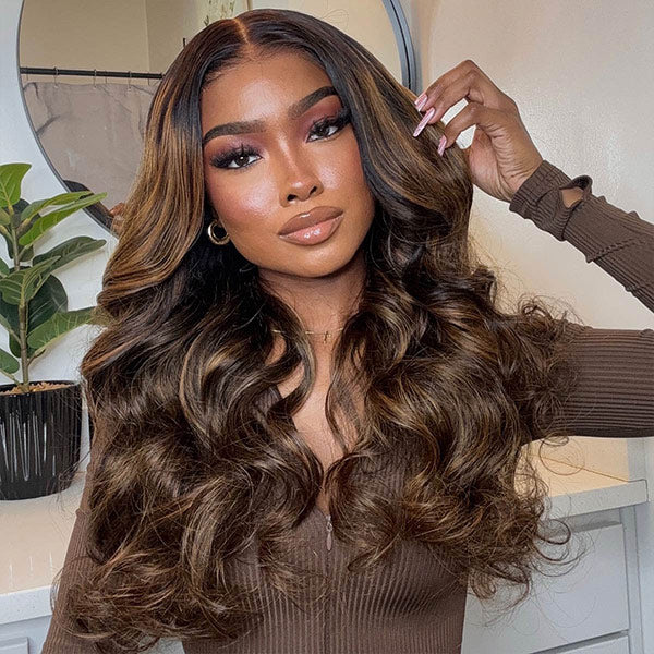 Highlight Balayage Color Body Wave Glueless Wig Pre-cut 9x6 T Part Lace Wear Go Wig With Smart Clips