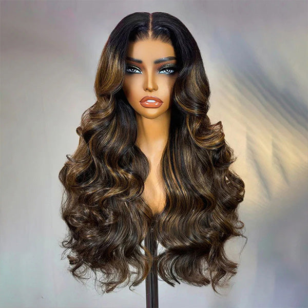 Highlight Balayage Color Body Wave Glueless Wig Pre-cut 9x6 T Part Lace Wear Go Wig With Smart Clips