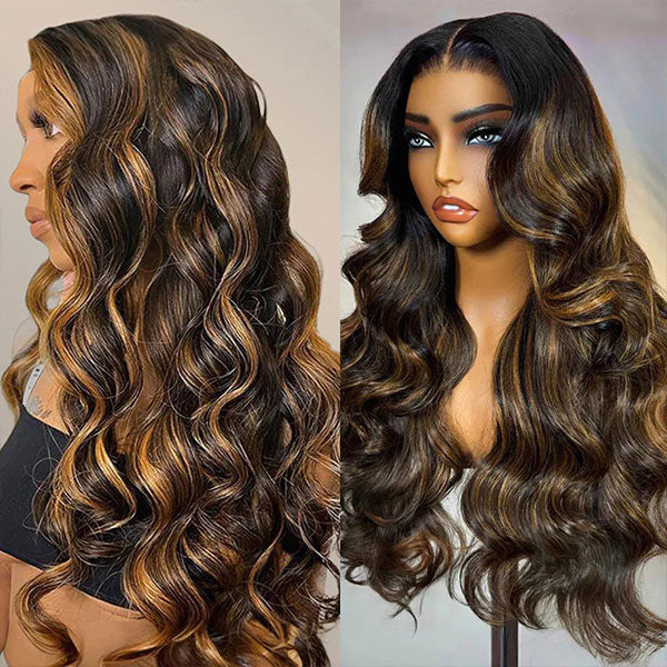 Highlight Balayage Color Body Wave Glueless Wig Pre-cut 9x6 T Part Lace Wear Go Wig With Smart Clips