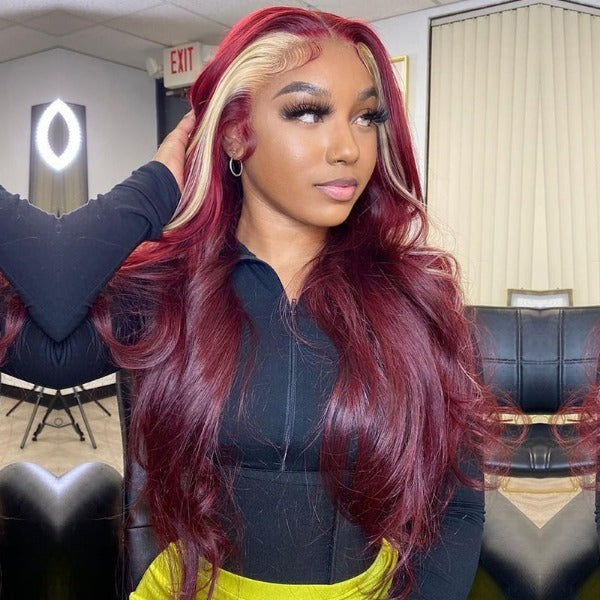 Red Wine and Blonde Skunk Stripe Color Wig Straight 13x4 Lace Front Wig Made of 100% Human Hair