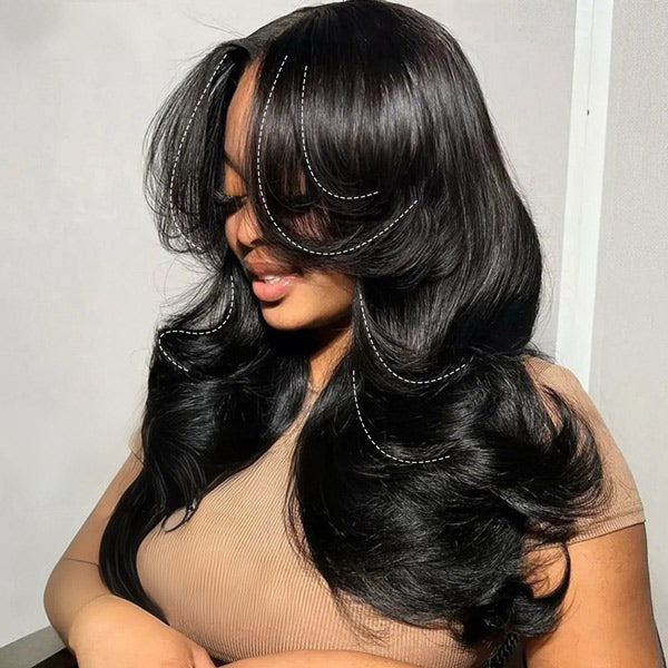 M-Cap Layered Cut Bleached Mini Knots 9x6 Lace Body Wave Wear Go Glueless Wig With Curtain Bangs