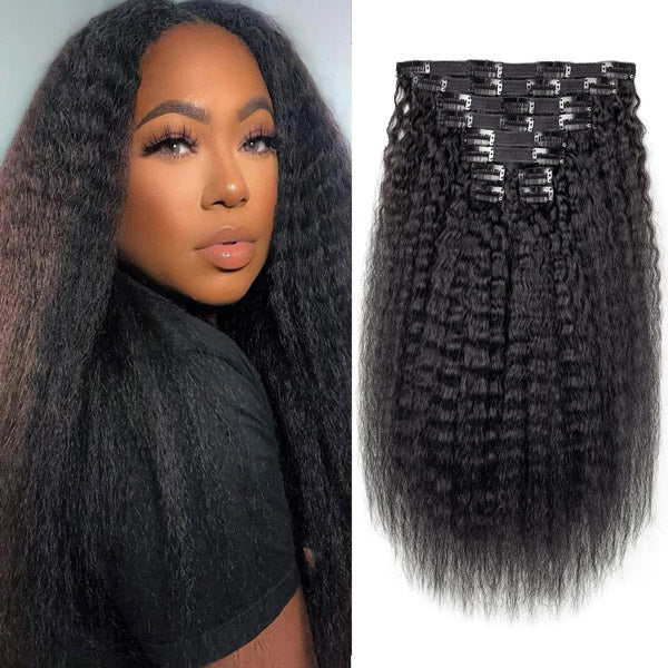 Kinky Straight Clip In Extension Human Hair Natural Black Color