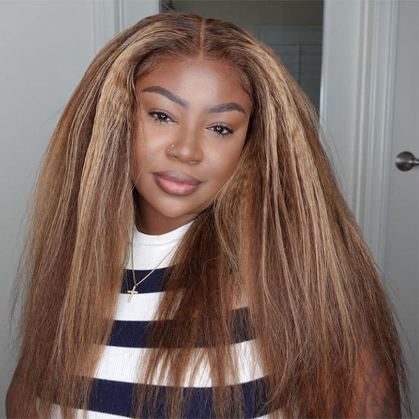 Kinky Straight Highlight Brown Color Wear Go Glueless Wigs Pre-Cut 7x5 Lace Preplucked Human Hair Wigs