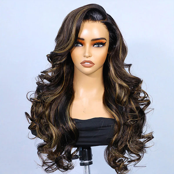 24h Ship Out | Butterfly Pre-Styled Balayage Brown Color Layered Body Wave Adjustable Drawstring Wear Go Glueless Wig With Bleached Knots