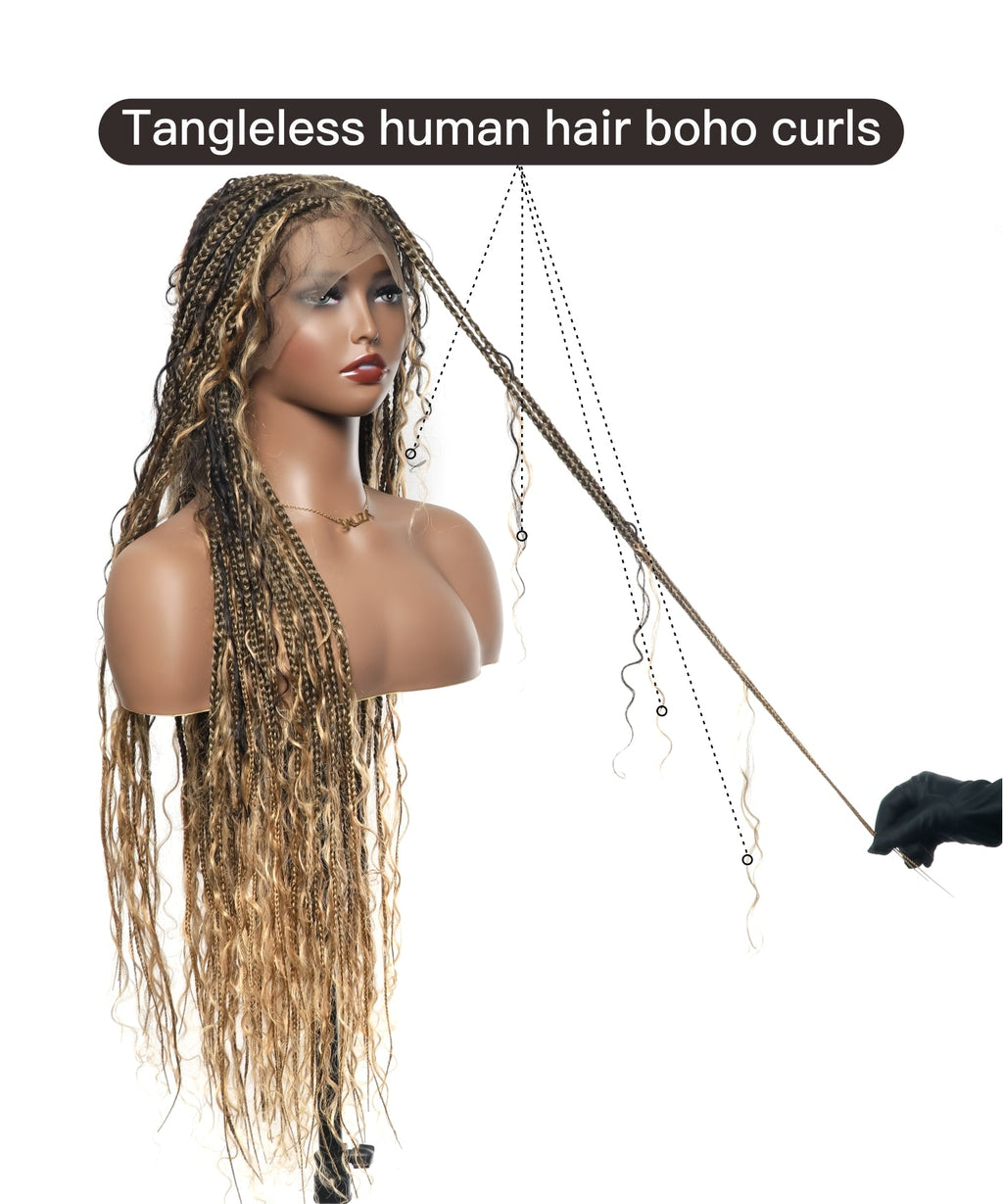 Human Hair Boho Box HD Lace Braided Wig 36 Inches 88 Strands - Light Burgundy