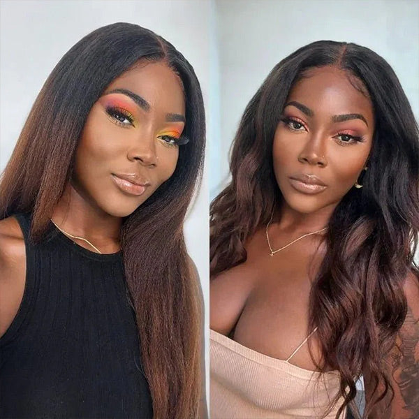 Yaki Straight Chestnut Brown Ombre Glueless V Part Wig With Invisi Drawstring