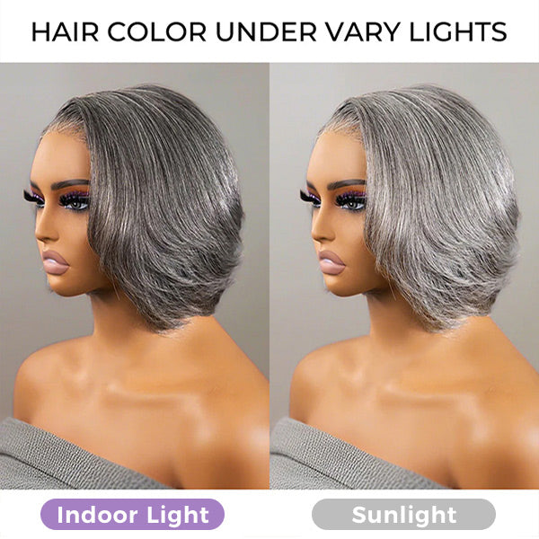 Salt And Pepper Layered Bob Wear Go Glueless Wig Pre-Cut C-Shaped 7x5 Lace Flexible Fit Drawstring