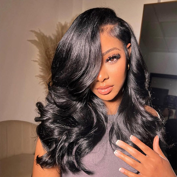 Pre Styled C Part Layered Yaki Body Wave Snug Fit Drawstring Wear Go Glueless Wig Pre-Cut 9x6 Lace Bleached Knots