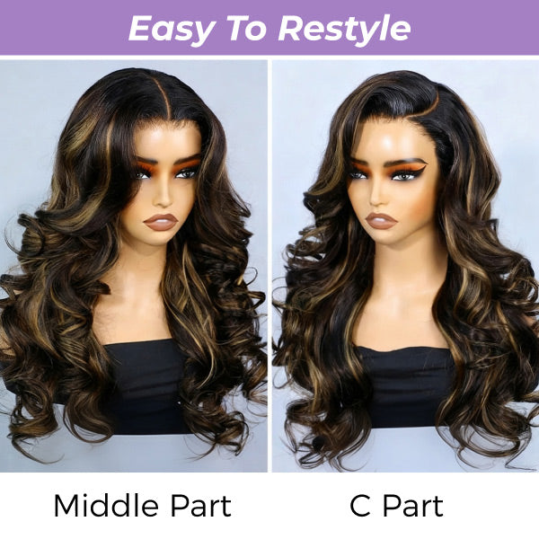 24h Ship Out | Butterfly Pre-Styled Balayage Brown Color Layered Body Wave Adjustable Drawstring Wear Go Glueless Wig With Bleached Knots