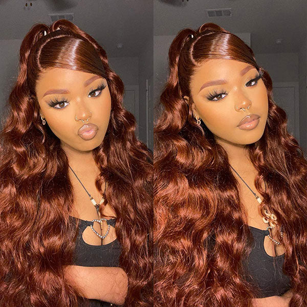 Auburn Brown #33 Color Middle/Side C Part Body Wave Wig 7x5 Wear Go Glueless Wig Human Hair Wigs Beginner Friendly