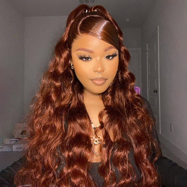 Auburn Brown #33 Color Middle/Side C Part Body Wave Wig 7x5 Wear Go Glueless Wig Human Hair Wigs Beginner Friendly