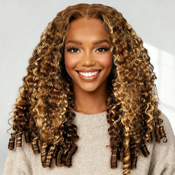 Burmese Curly Glueless Wig 4/27 Highlight Color Pre Cut 9x6 Lace Elastic Drawstring Wear Go Wig