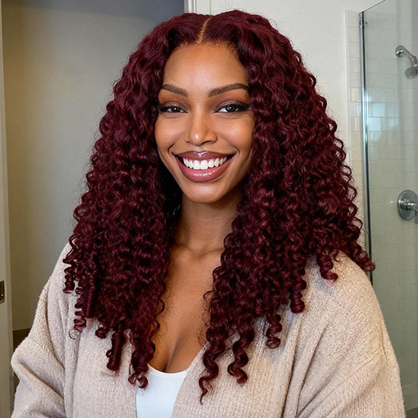 Burgundy 99J Color Burmese Curly Glueless Wig Pre Cut 9x6 Lace Snug Fit Drawstring Wear Go Wig