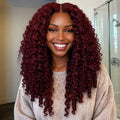Burgundy 99J Color Burmese Curly Glueless Wig Pre Cut 9x6 Lace Snug Fit Drawstring Wear Go Wig