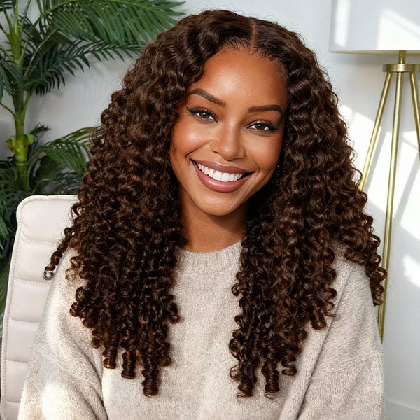 Burmese Curly Glueless Wig Chocolate Brown Color Pre Cut 9x6 Lace Wear Go Wig With Elastic Drawstring