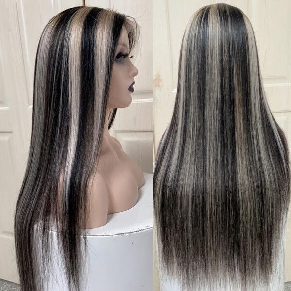 Platinum Blonde Highlights Human Hair Lace Front Wigs Ombre Piano Color Straight Hair With Grey Highlight Wig