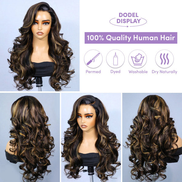24h Ship Out | Butterfly Pre-Styled Balayage Brown Color Layered Body Wave Adjustable Drawstring Wear Go Glueless Wig With Bleached Knots